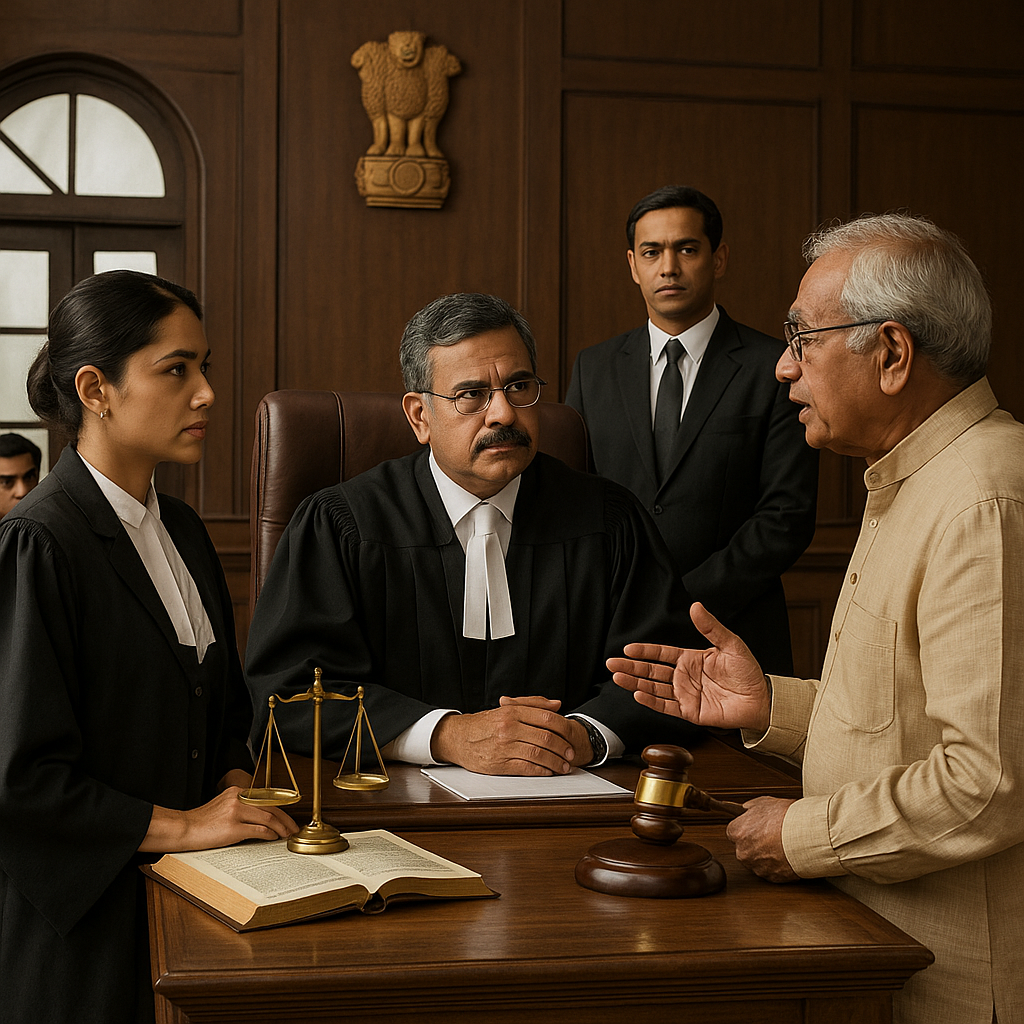 Indian courtroom scene with judge, lawyers, and elderly man during retirement age dispute hearing