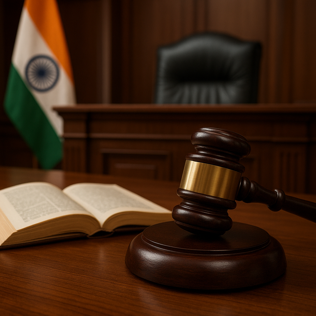 Courtroom scene with judge’s gavel and legal book depicting pension and gratuity dispute in Patna High Court
