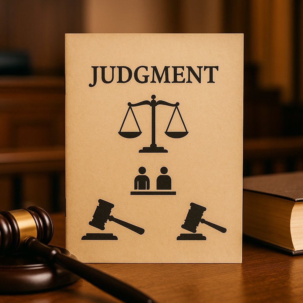 Courtroom document showing judgment on ancestral property dispute with gavel and legal symbols representing partition ruling