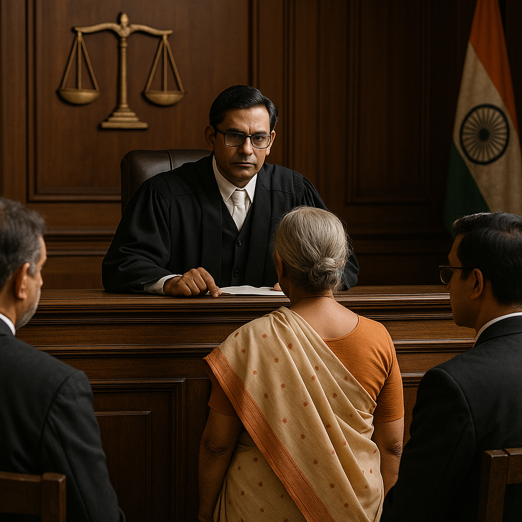 Indian courtroom scene showing judge hearing a pension dispute involving a woman petitioner