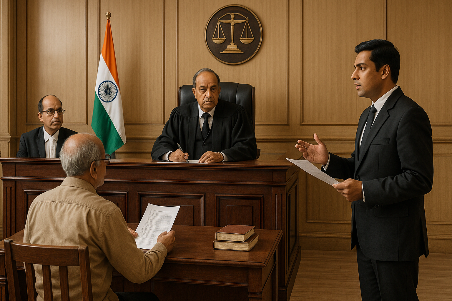 Indian courtroom scene showing pension dispute hearing with judge and lawyers in session
