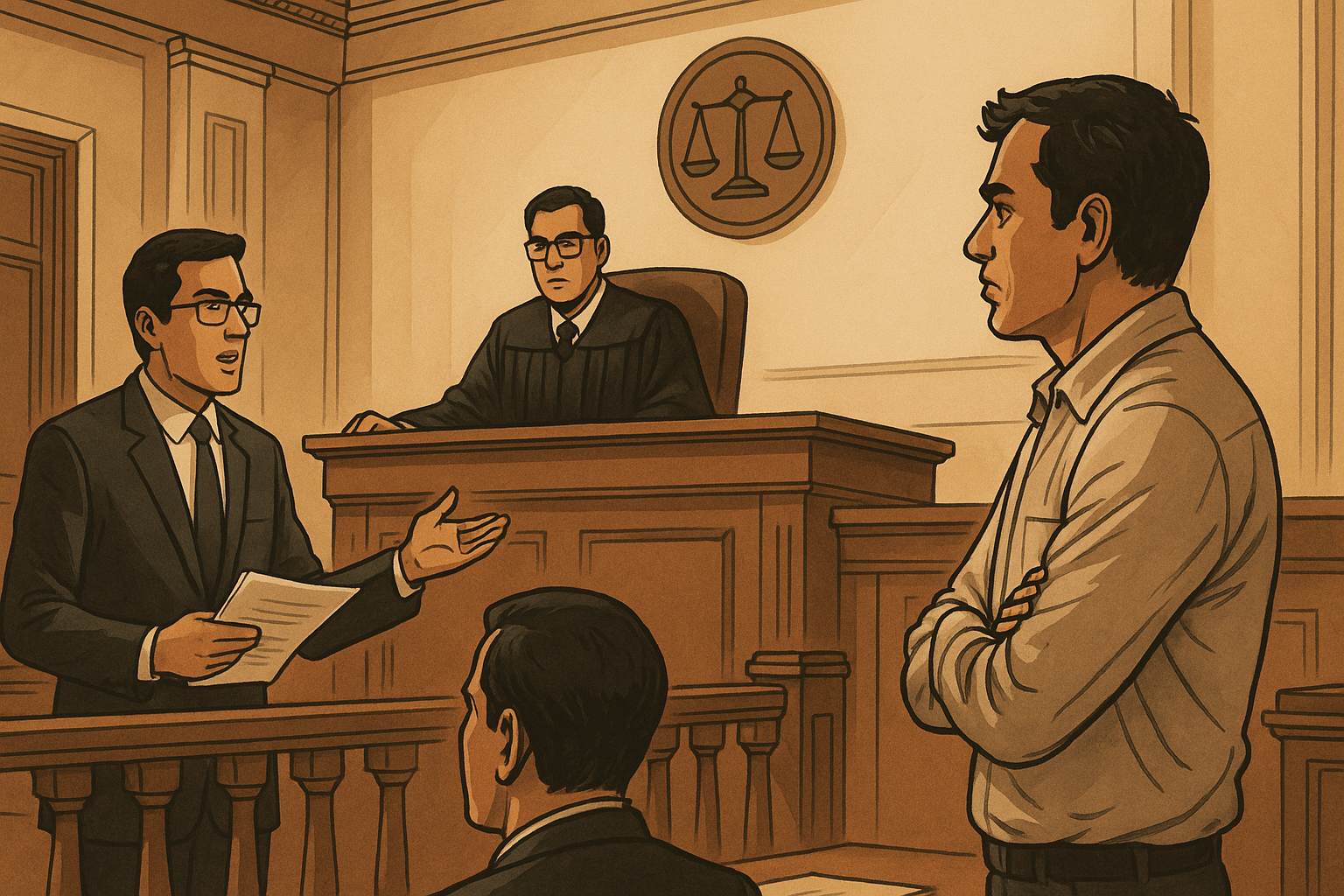 Illustration of a courtroom dispute over contractor blacklisting and legal arguments