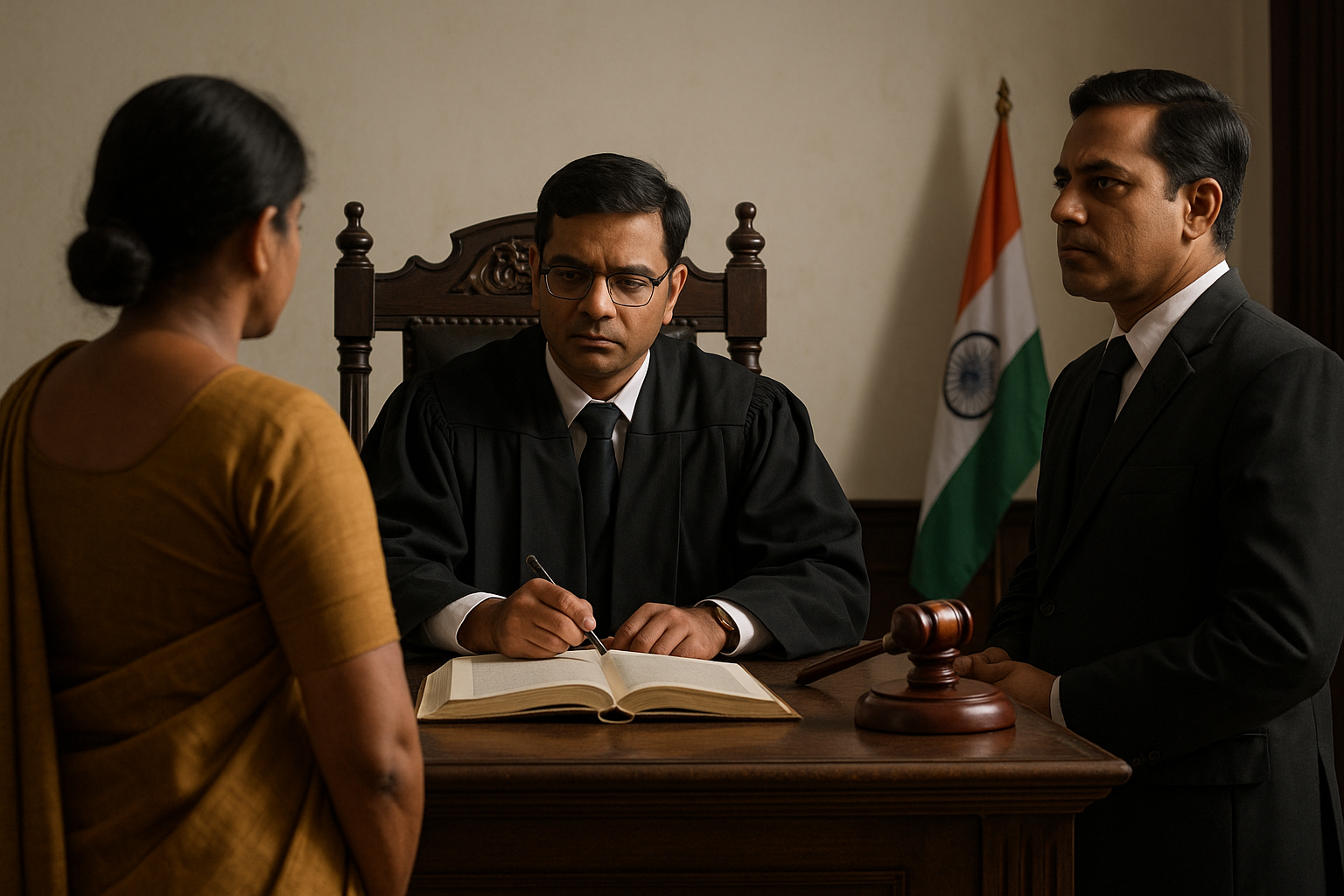 Indian courtroom scene with judge, woman officer, and lawyer in disciplinary case
