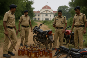 बिहार शराबबंदी कानून का प्रतीक – शराब पर रेखा और अदालत का हथौड़ा