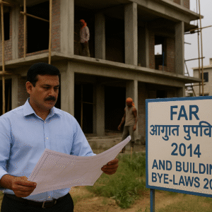 पटना में निर्माण स्थल पर भवन उपविधियों की जांच करता अधिकारी