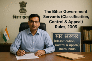 बिहार सरकार के एक कार्यालय में एक अधिकारी डेस्क पर बैठे हुए, ‘बिहार सरकारी सेवक (वर्गीकरण, नियंत्रण एवं अपील) नियम, 2005’ से संबंधित दस्तावेजों की समीक्षा कर रहे हैं; पृष्ठभूमि में भारतीय ध्वज, बिहार का चिन्ह और नियम का नाम दर्शाता एक बोर्ड।