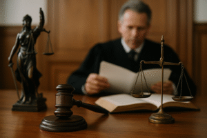 Courtroom scene showing judge, gavel, and scales in a seniority dispute case at Patna High Court