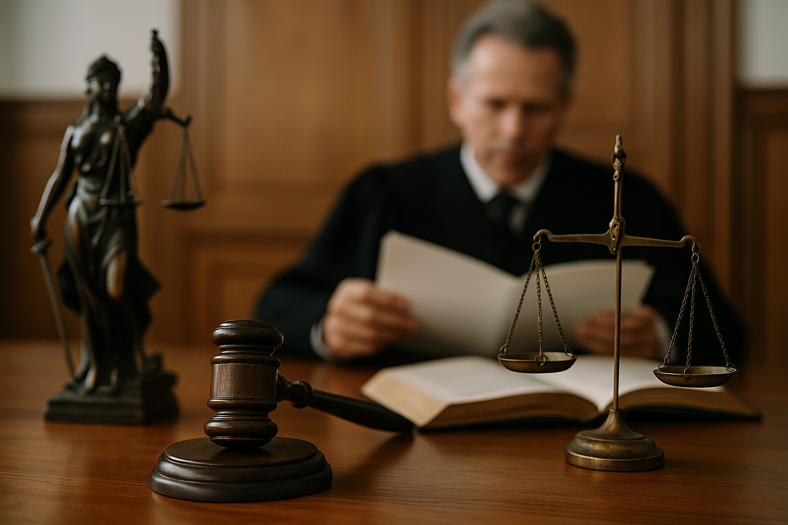 Courtroom scene showing judge, gavel, and scales in a seniority dispute case at Patna High Court