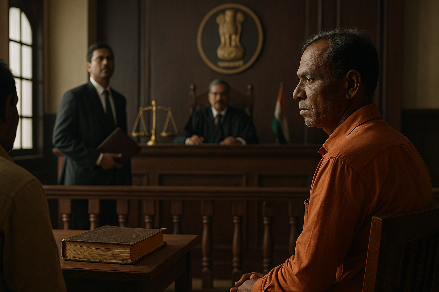 Courtroom scene depicting fraud trial against a public servant in MNREGA case, judged by Patna High Court