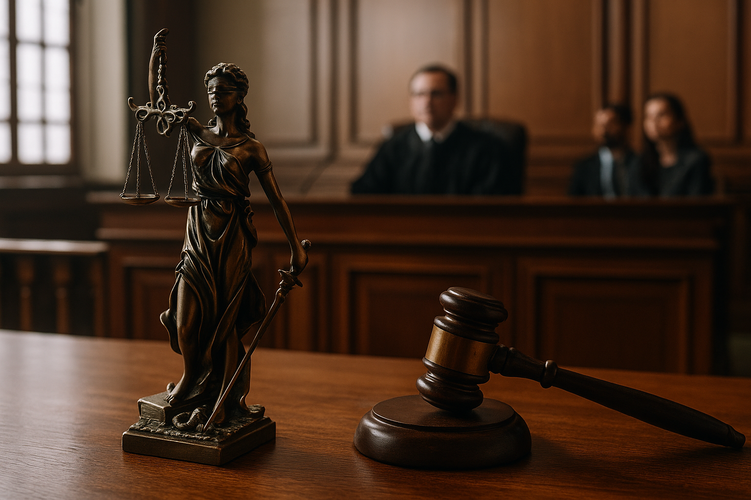 Courtroom illustration showing Lady Justice statue with judge and litigants in background during gangrape trial decision by Patna High Court