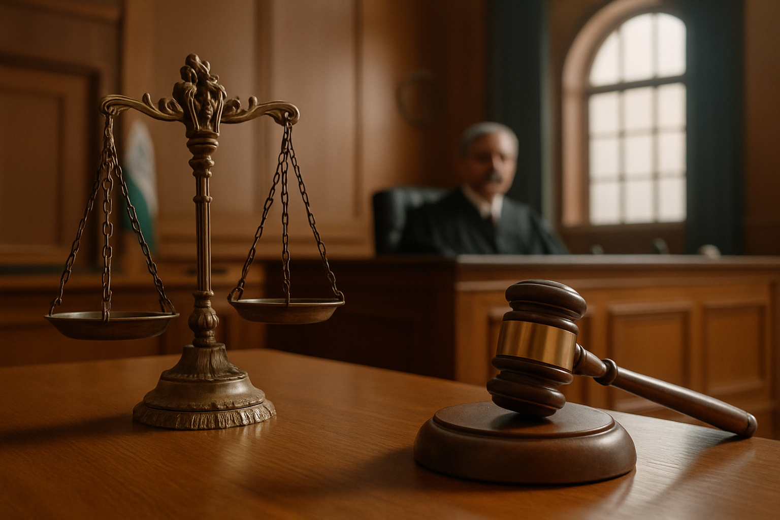 Courtroom illustration of a judge with scales and gavel in a kidnapping acquittal case decided by Patna High Court