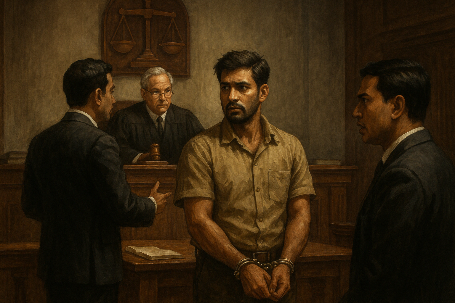 Courtroom illustration of a man in handcuffs being defended in an attempted murder case before Patna High Court judge