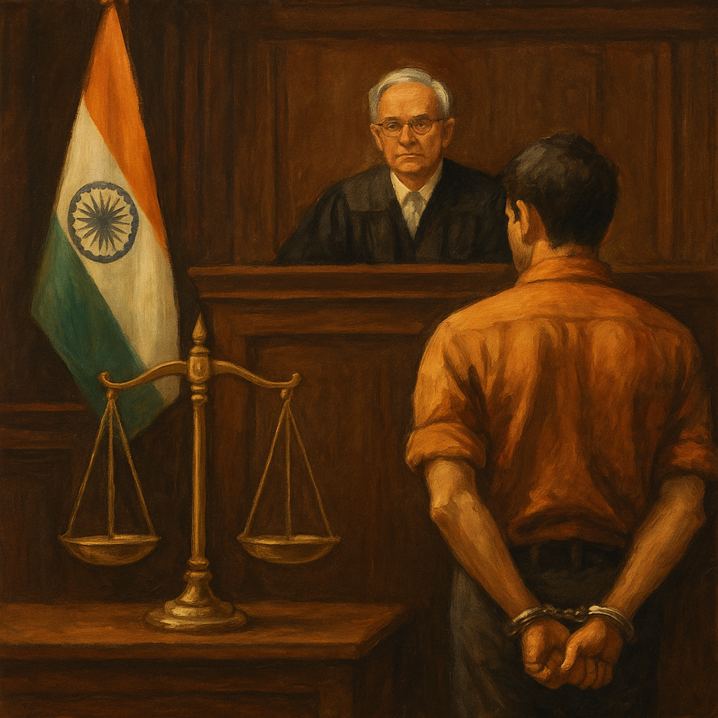 Courtroom illustration showing judge, detained person, and Indian flag representing illegal remand detention case by Patna High Court
