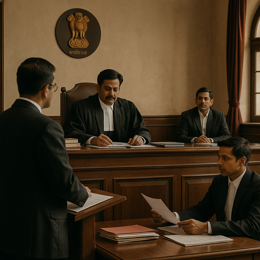 Indian courtroom scene showing a judge and advocates during a commercial arbitration dispute