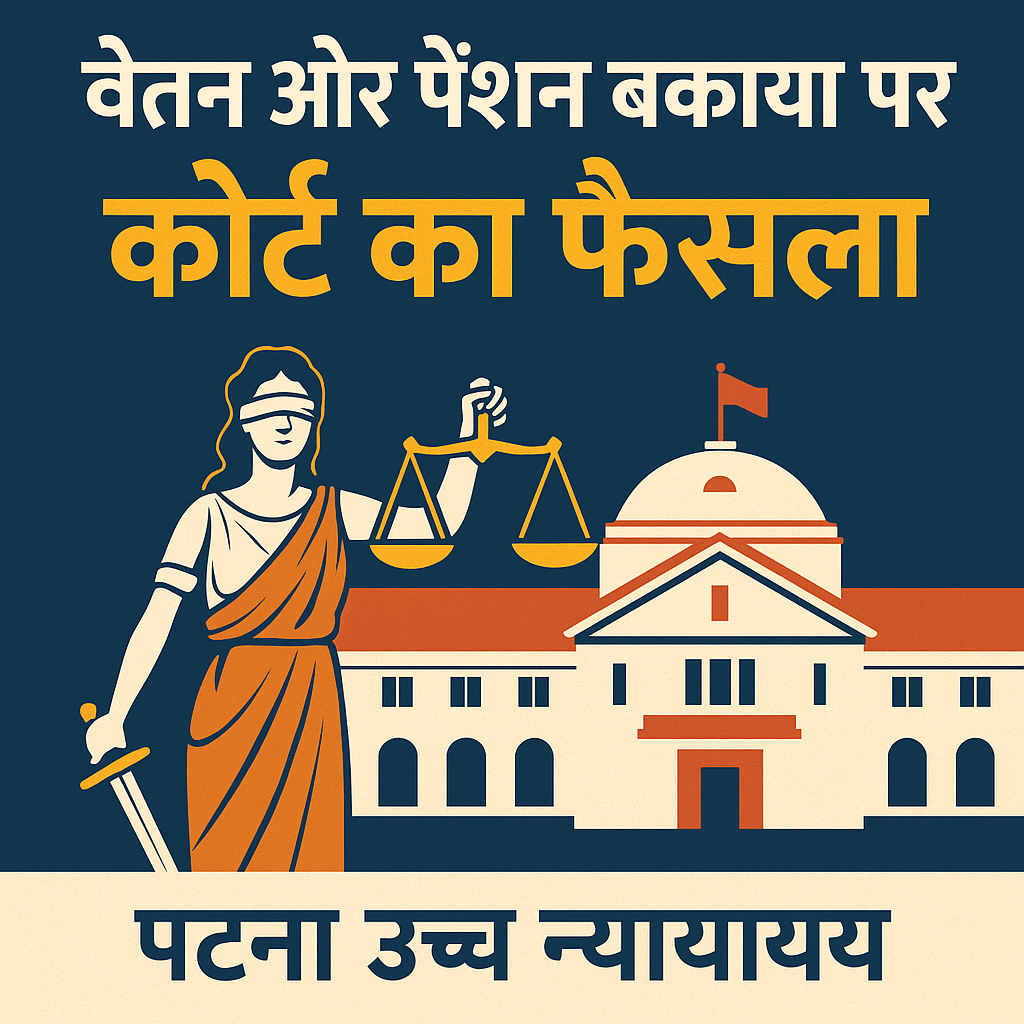 Illustration of Patna High Court and Lady Justice depicting pension and arrears dispute resolution