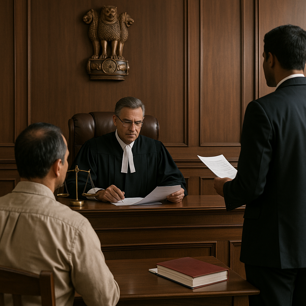 Courtroom scene depicting judge, petitioner, and lawyer during GST assessment dispute hearing in Patna High Court