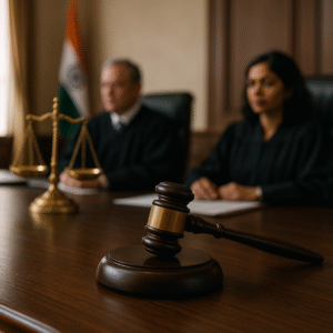 Courtroom illustration showing judges, gavel, and justice scales in a GST dispute heard by Patna High Court.