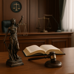 Courtroom illustration featuring Lady Justice and legal symbols about a GST tax credit dispute decided by Patna High Court