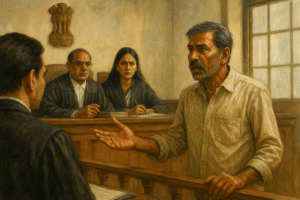 Courtroom scene of a petitioner seeking fair hearing in GST dispute before Patna High Court judges