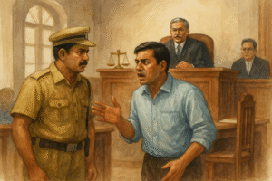 Courtroom watercolor showing GST dispute hearing with a petitioner, police officer, and judge in Patna High Court