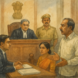 Indian courtroom watercolor showing petitioner challenging GST demand before judge