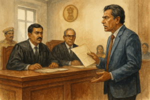 Courtroom illustration of businessman pleading GST appeal deadline case before Patna High Court judges