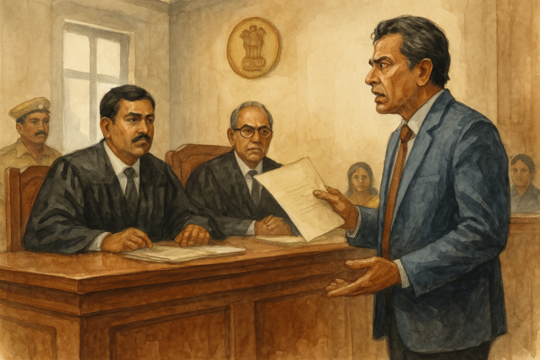 Courtroom illustration of businessman pleading GST appeal deadline case before Patna High Court judges