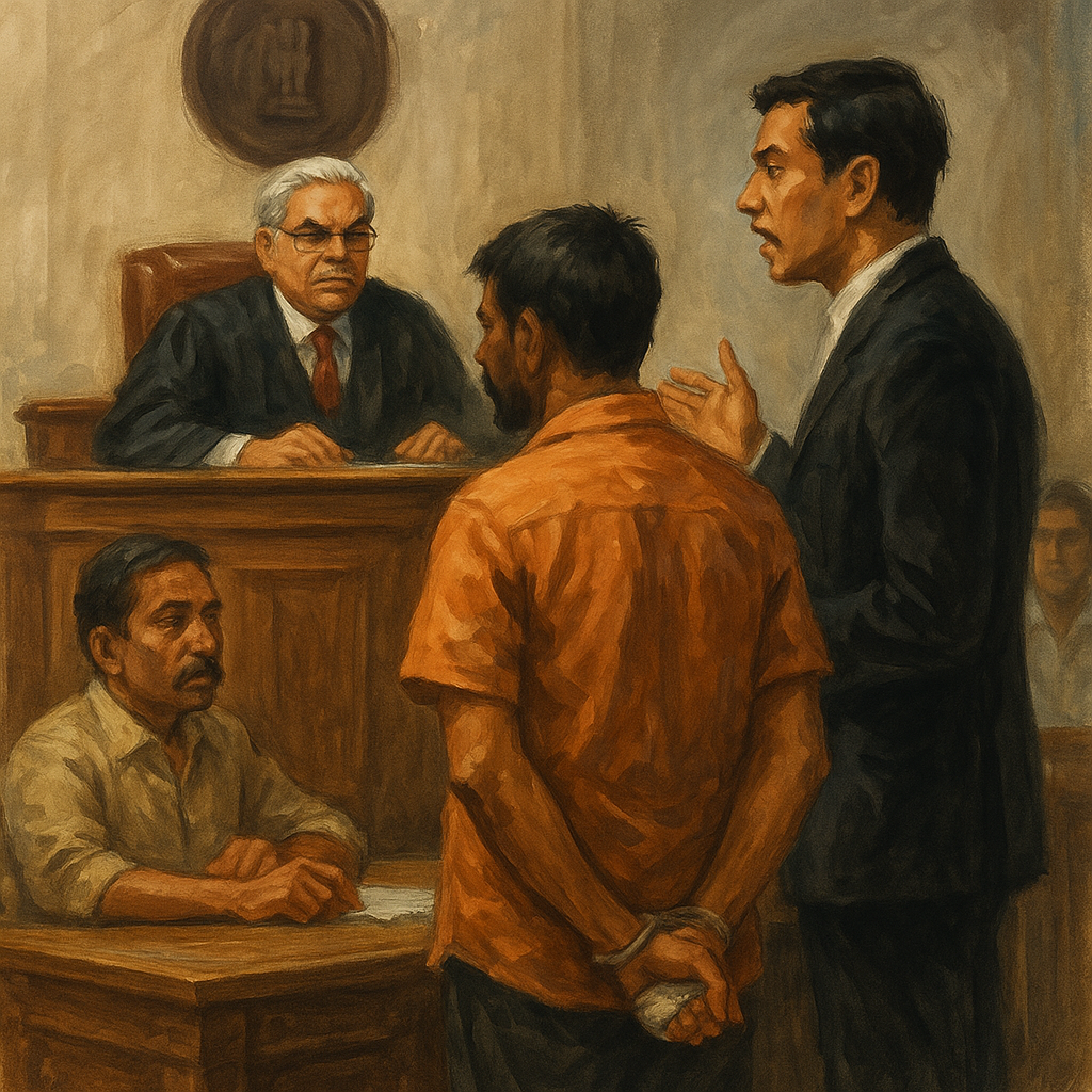 Courtroom illustration of criminal trial in Bihar involving firing and acquittal by Patna High Court