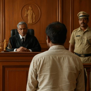 Courtroom illustration showing judge, police officer, and detainee during illegal detention case in Patna High Court