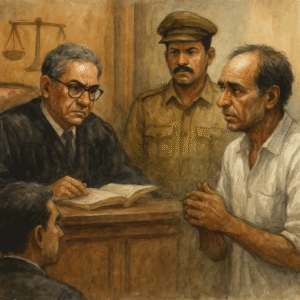 Watercolor courtroom scene depicting judge, officer, and petitioner in Indian tax settlement case