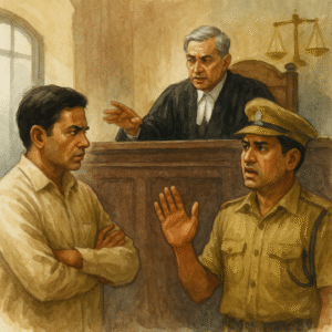 Indian courtroom scene depicting entry tax dispute involving commercial tax officer and aggrieved business representative before a judge