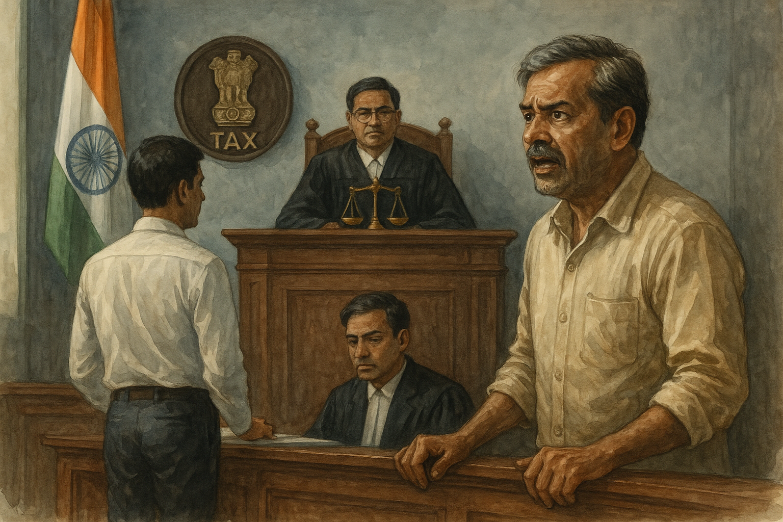 Indian courtroom watercolor depicting income tax search dispute before Patna High Court