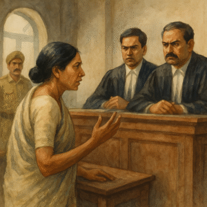 Courtroom illustration of a woman challenging retrospective taxation on her minor child's income in Patna High Court