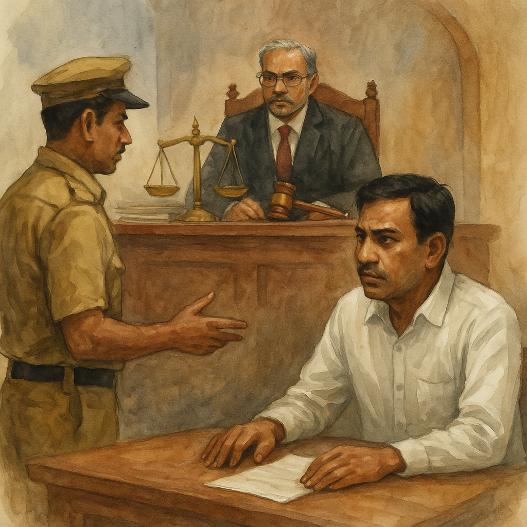 Courtroom watercolor of GST cancellation dispute in Patna High Court showing petitioner and tax officer