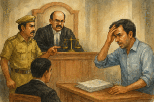 Courtroom illustration showing taxpayer challenging one-sided GST demand before Patna High Court judge