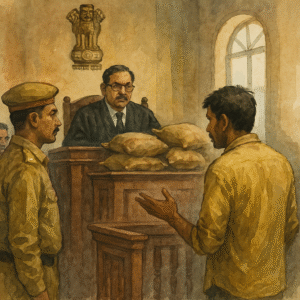 Watercolor courtroom illustration showing farmer contesting illegal wheat seizure before Patna High Court judge