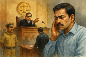 Watercolor courtroom illustration of businessman facing tax dispute in Patna High Court