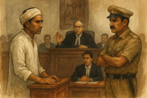 Watercolor courtroom scene showing petitioner seeking relief from GST penalty before Patna High Court judge