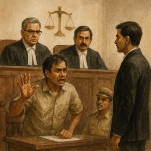 Courtroom illustration showing dispute over GST appeal deadline before Patna High Court judges