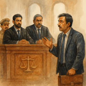 Courtroom scene showing businessman arguing GST registration case before Patna High Court judges