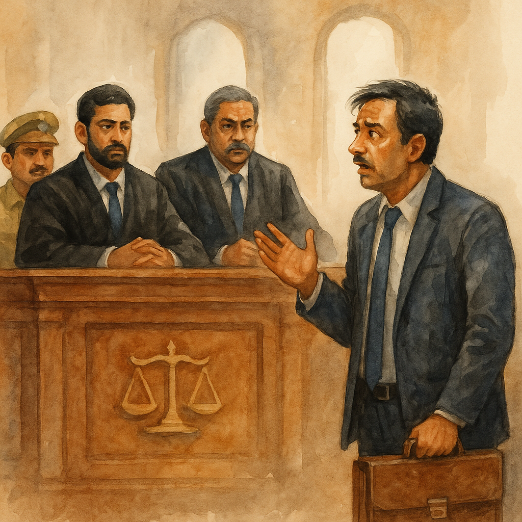 Courtroom scene showing businessman arguing GST registration case before Patna High Court judges