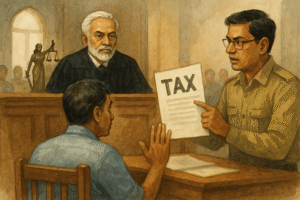 Watercolor courtroom scene depicting GST clerical error dispute heard by Patna High Court