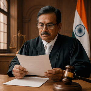 Indian judge examining disciplinary documents in courtroom setting, symbolizing a legal inquiry