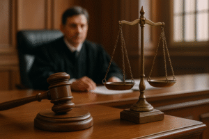 Courtroom illustration showing judge with gavel and justice scales during seizure dispute case