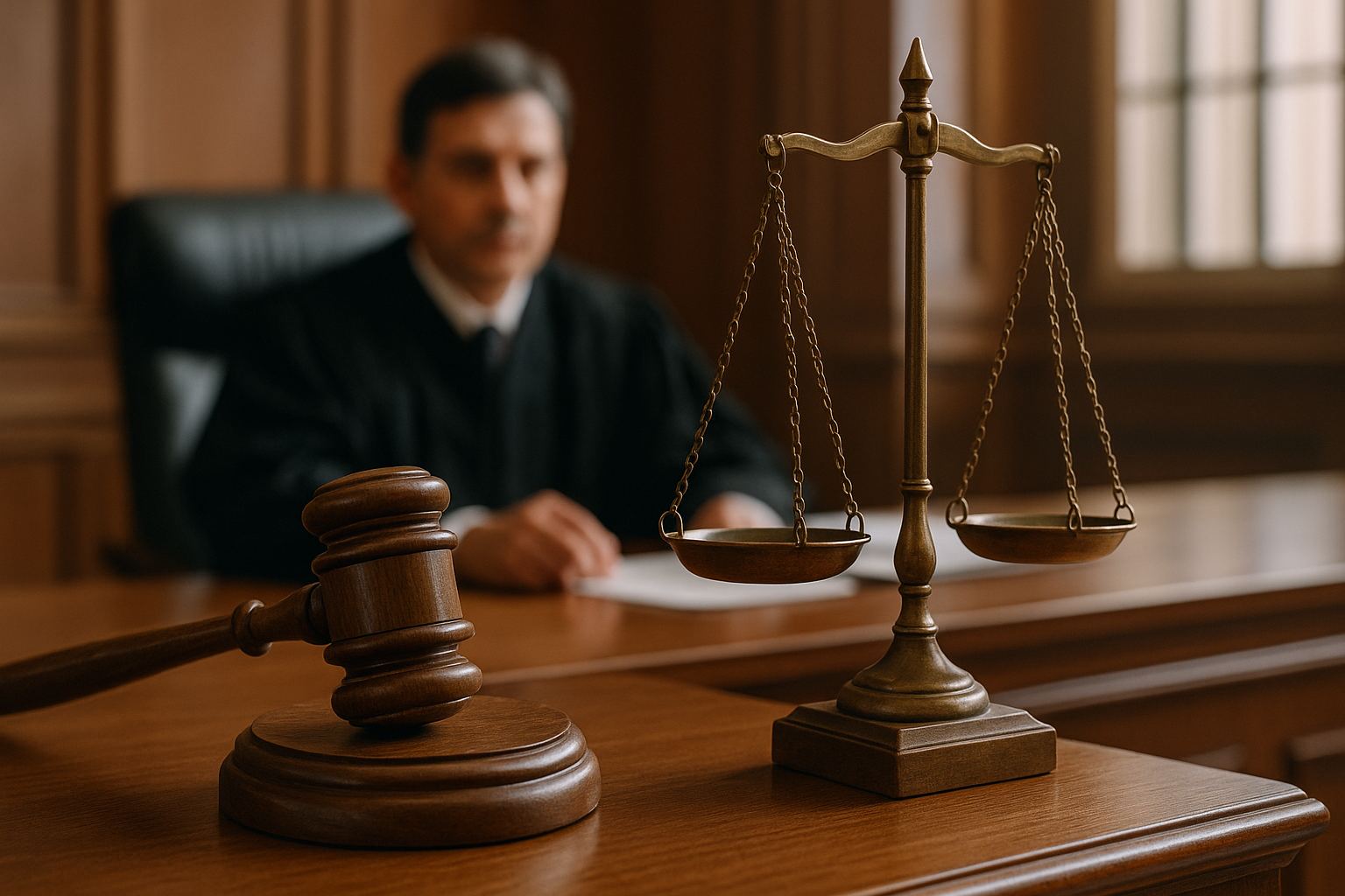 Courtroom illustration showing judge with gavel and justice scales during seizure dispute case