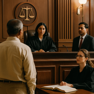 Courtroom scene showing legal proceedings over municipal election nomination dispute in Bihar