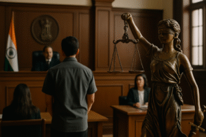 Courtroom scene showing Indian judge, lawyers, and Lady Justice statue representing modesty verdict