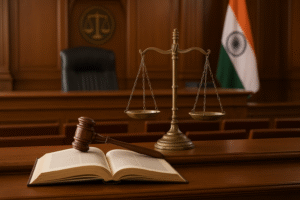 Indian courtroom scene showing judge’s bench, scales of justice, and legal symbols related to compulsory retirement case