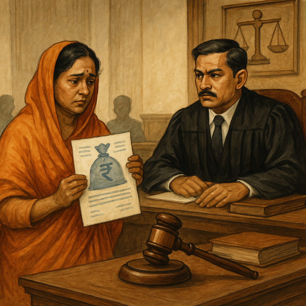 Courtroom scene showing Indian widow challenging wrongful pension recovery before Patna High Court judge