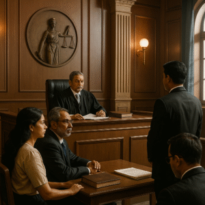 Courtroom scene depicting legal argument in accident compensation case before Patna High Court